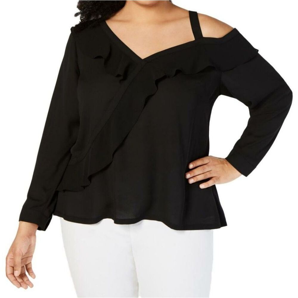 INC International Concepts Ruffle One-Shoulder Blouse Black Plus Size 0X /14 NWT